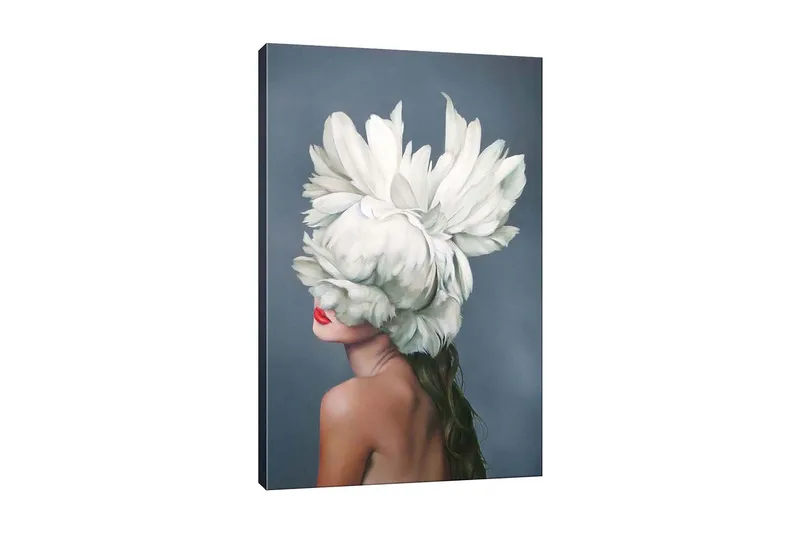 Canvas-taulu - Naissiluetti, jonka kasvot peittävät suuret valkoiset kukkaseppeleet, Valkoinen / Ihonväri / Punainen