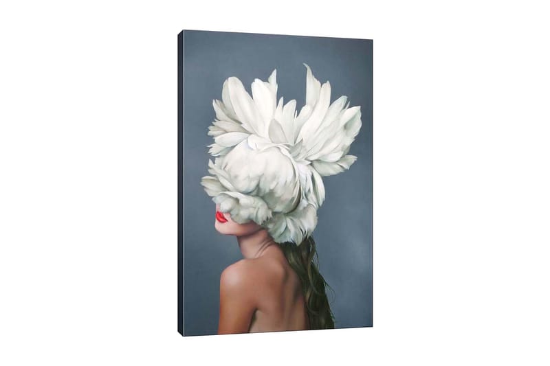 Canvas-taulu - Naissiluetti, jonka kasvot peittävät suuret valkoiset kukkaseppeleet, Valkoinen / Ihonväri / Punainen