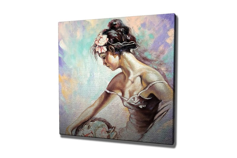 Canvas-taulu - Nuori nainen kukkia hiuksissaan nojaa korin ylle - Vaaleansininen / Beige / Vaaleanpunainen - Sisustustuotteet - Taulu & taide - Canvas-taulu