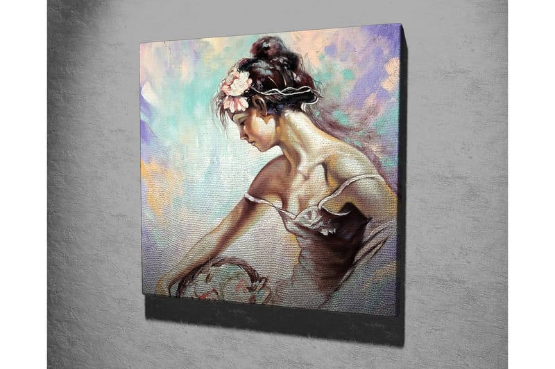 Canvas-taulu - Nuori nainen kukkia hiuksissaan nojaa korin ylle - Vaaleansininen / Beige / Vaaleanpunainen - Sisustustuotteet - Taulu & taide - Canvas-taulu