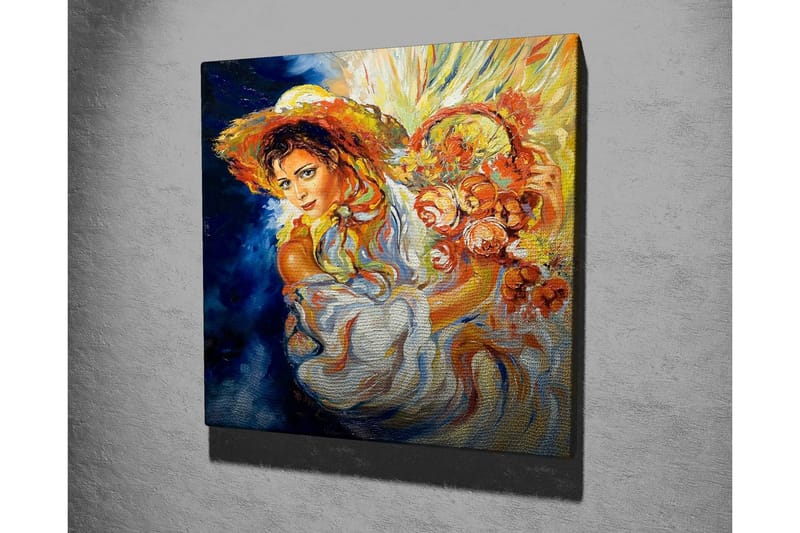 Canvas-taulu - Nuori nainen kukkien kanssa korissa ja isolla hatulla - Oranssi / Sininen / Valkoinen - Sisustustuotteet - Taulu & taide - Canvas-taulu