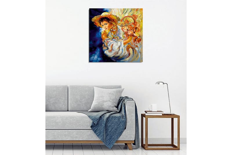 Canvas-taulu - Nuori nainen kukkien kanssa korissa ja isolla hatulla - Oranssi / Sininen / Valkoinen - Sisustustuotteet - Taulu & taide - Canvas-taulu