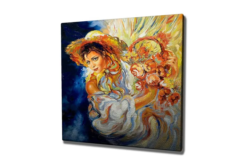 Canvas-taulu - Nuori nainen kukkien kanssa korissa ja isolla hatulla, Oranssi / Sininen / Valkoinen