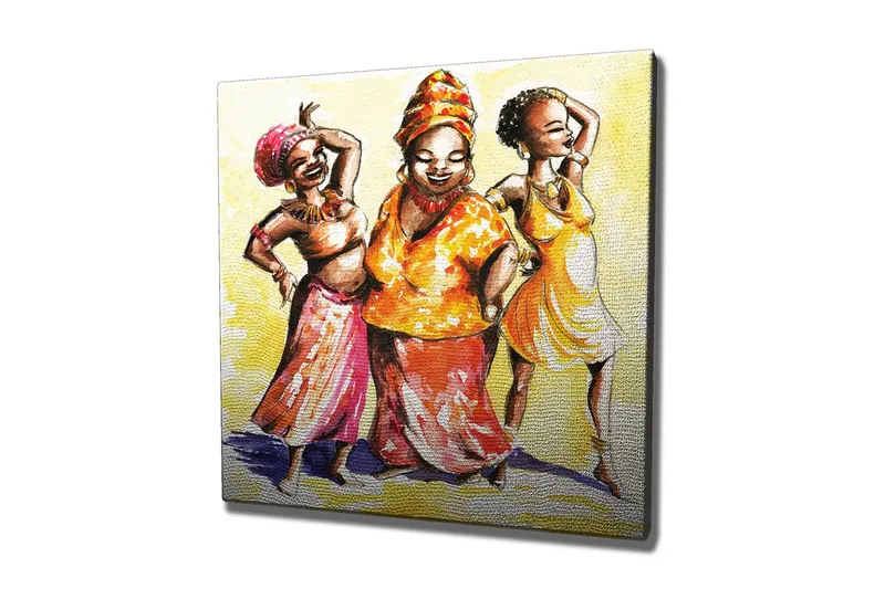 Canvas-taulu - Onnellisia naisia värikkäissä vaatteissa tanssimassa, Keltainen / Oranssi / Vaaleanpunainen