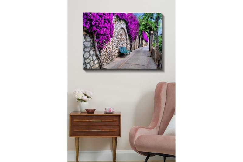 Canvas-taulu - Rehevä kävelytie kukkivien bougainvilleoiden ympäröimänä - Violetti / Harmaa / Vihreä - Sisustustuotteet - Taulu & taide - Canvas-taulu