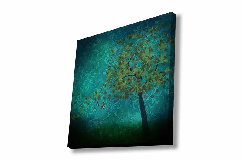 Canvas-taulu - Reheviä puita ja perhosia abstraktilla taustalla, Turkoosi / Vihreä / Ruskea