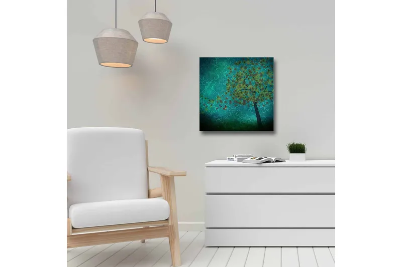 Canvas-taulu - Reheviä puita ja perhosia abstraktilla taustalla - Turkoosi / Vihreä / Ruskea - Sisustustuotteet - Taulu & taide - Canvas-taulu