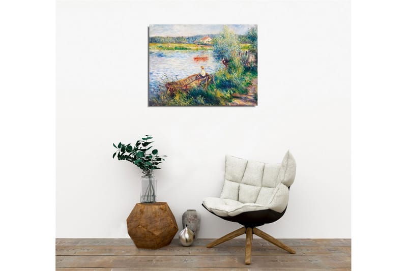 Canvas-taulu - Rentouttava maisema järven rannalla, jossa ihminen on veneessä ja ympäröivä vehreys - Vihreä / Sininen / Beige - Sisustustuotteet - Taulu & taide - Canvas-taulu