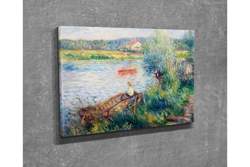 Canvas-taulu - Rentouttava maisema järven rannalla, jossa ihminen on veneessä ja ympäröivä vehreys - Vihreä / Sininen / Beige - Sisustustuotteet - Taulu & taide - Canvas-taulu