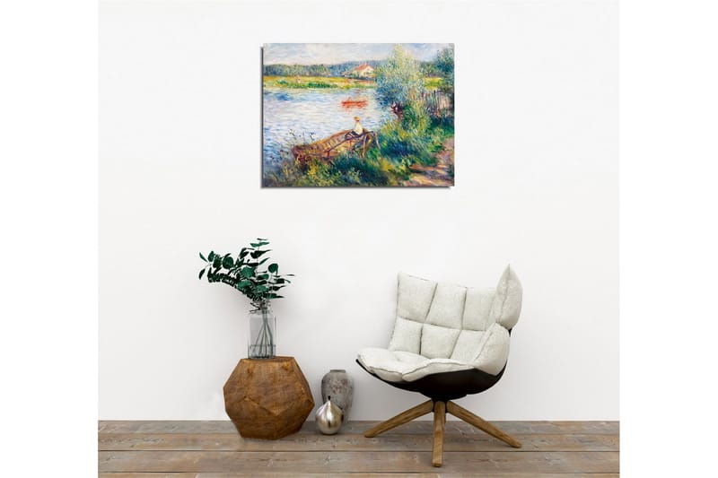 Canvas-taulu - Rentouttava maisema järven rannalla, jossa ihminen on veneessä ja ympäröivä vehreys - Vihreä / Sininen / Beige - Sisustustuotteet - Taulu & taide - Canvas-taulu