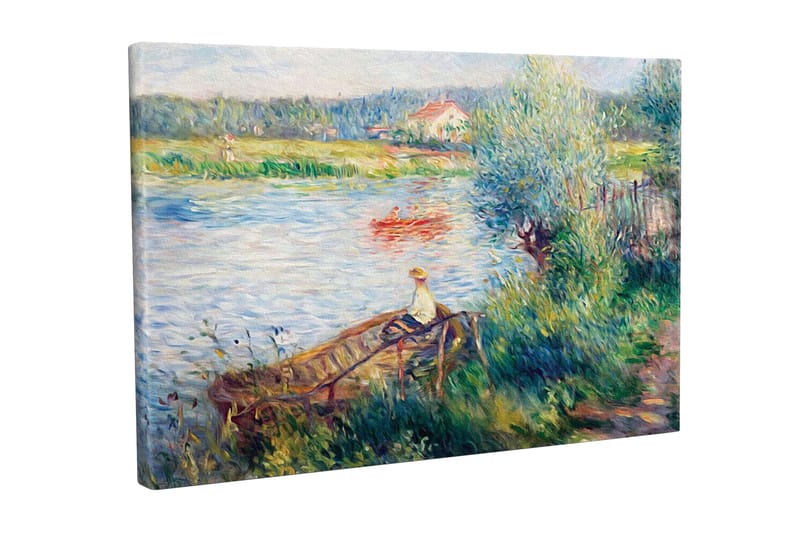 Canvas-taulu - Rentouttava maisema järven rannalla, jossa ihminen on veneessä ja ympäröivä vehreys, Vihreä / Sininen / Beige