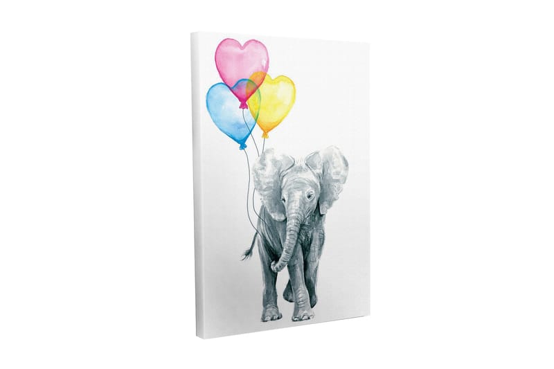 Canvas-taulu - Söpö norsu pitelee värikkäitä sydämenmuotoisia ilmapalloja - Harmaa / Vaaleanpunainen / Sininen - Sisustustuotteet - Taulu & taide - Canvas-taulu