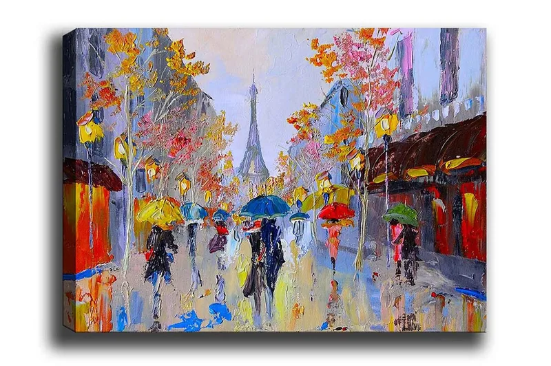 Canvas-taulu - Sateinen katukuva, jossa ihmisiä sateenvarjojen alla kaupunkiympäristössä, Keltainen / Punainen / Sininen