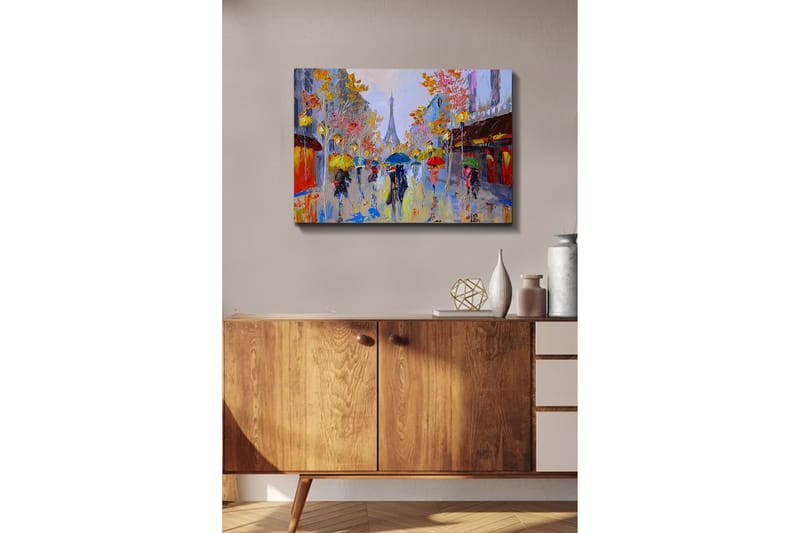 Canvas-taulu - Sateinen katukuva, jossa ihmisiä sateenvarjojen alla kaupunkiympäristössä - Keltainen / Punainen / Sininen - Sisustustuotteet - Taulu & taide - Canvas-taulu