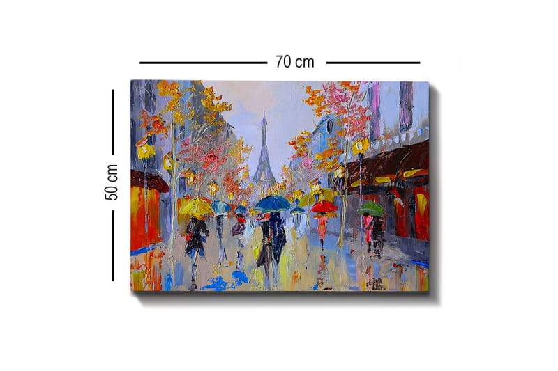 Canvas-taulu - Sateinen katukuva, jossa ihmisiä sateenvarjojen alla kaupunkiympäristössä - Keltainen / Punainen / Sininen - Sisustustuotteet - Taulu & taide - Canvas-taulu