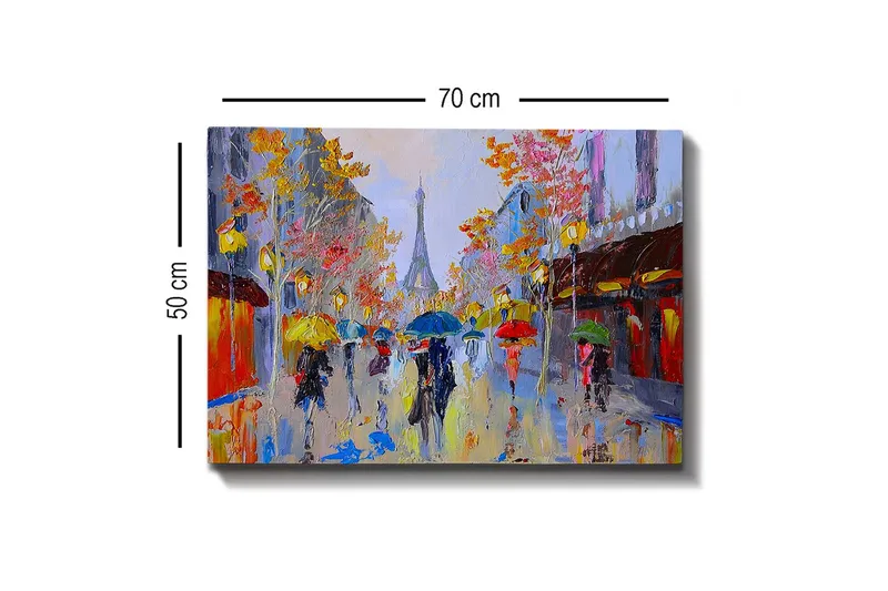 Canvas-taulu - Sateinen katukuva, jossa ihmisiä sateenvarjojen alla kaupunkiympäristössä - Keltainen / Punainen / Sininen - Sisustustuotteet - Taulu & taide - Canvas-taulu