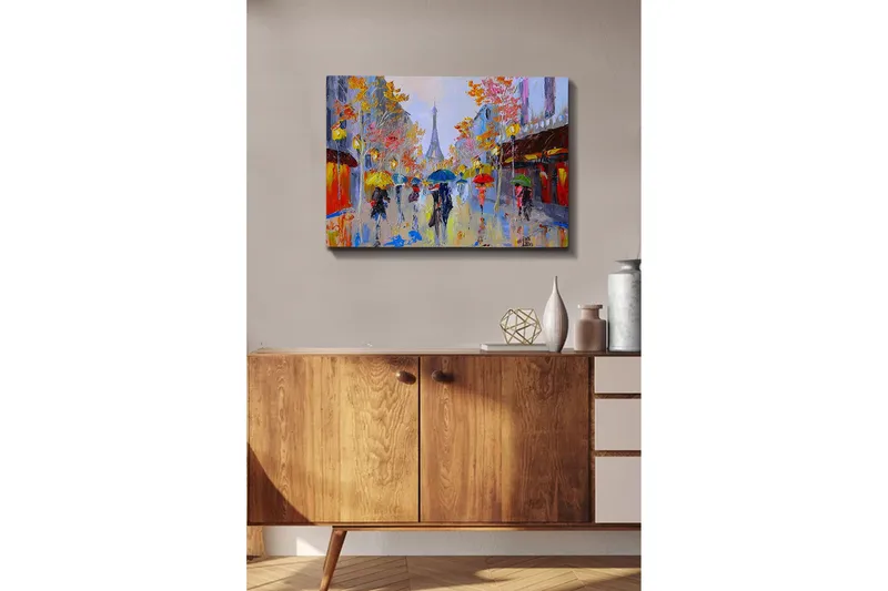 Canvas-taulu - Sateinen katukuva, jossa ihmisiä sateenvarjojen alla kaupunkiympäristössä - Keltainen / Punainen / Sininen - Sisustustuotteet - Taulu & taide - Canvas-taulu