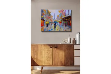 Canvas-taulu - Sateinen katukuva, jossa ihmisiä sateenvarjojen alla kaupunkiympäristössä - Keltainen / Punainen / Sininen - Sisustustuotteet - Taulu & taide - Canvas-taulu