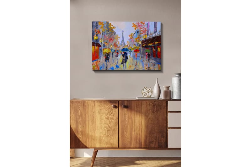 Canvas-taulu - Sateinen katukuva, jossa ihmisiä sateenvarjojen alla kaupunkiympäristössä - Keltainen / Punainen / Sininen - Sisustustuotteet - Taulu & taide - Canvas-taulu