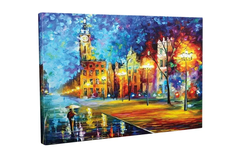 Canvas-taulu - Sateinen kaupunkikuva, jossa henkilö kantaa sateenvarjoa, Sininen / Oranssi / Keltainen