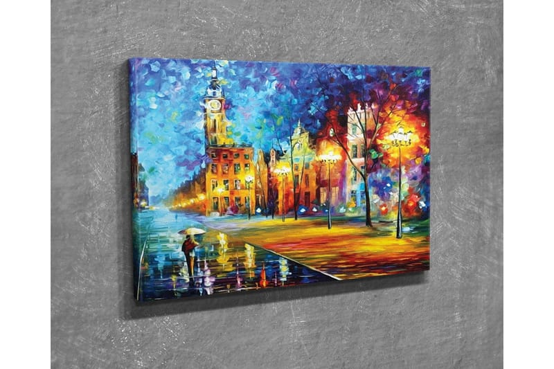 Canvas-taulu - Sateinen kaupunkikuva, jossa henkilö kantaa sateenvarjoa - Sininen / Oranssi / Keltainen - Sisustustuotteet - Taulu & taide - Canvas-taulu