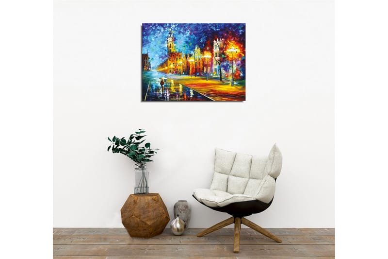 Canvas-taulu - Sateinen kaupunkikuva, jossa henkilö kantaa sateenvarjoa - Sininen / Oranssi / Keltainen - Sisustustuotteet - Taulu & taide - Canvas-taulu