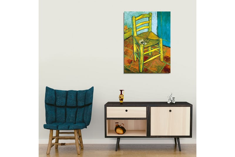 Canvas-taulu - Seisomatuoli olkiistuimella ja pienellä koristeella istuimessa - Keltainen / Vihreä / Oranssi - Sisustustuotteet - Taulu & taide - Canvas-taulu
