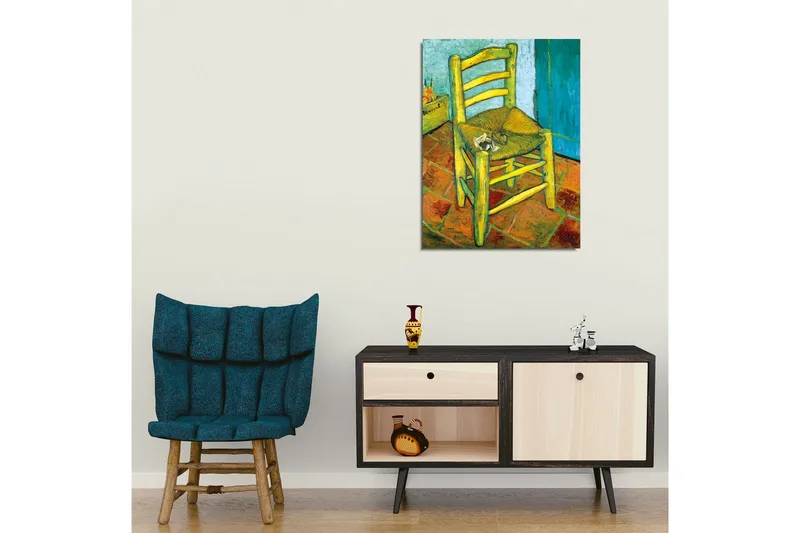 Canvas-taulu - Seisomatuoli olkiistuimella ja pienellä koristeella istuimessa - Keltainen / Vihreä / Oranssi - Sisustustuotteet - Taulu & taide - Canvas-taulu