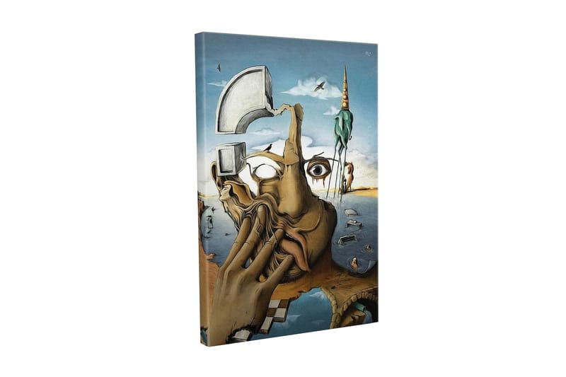 Canvas-taulu - Surrealistinen sommitelma, jossa käsi peittää kasvot ja kuva unelmamaailmasta, Beige / Sininen / Vihreä