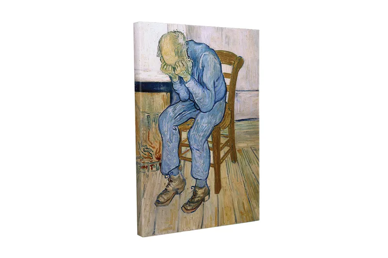 Canvas-taulu - Surullinen mies istuu tuolilla pää käsien välissä, Sininen / Beige / Ruskea