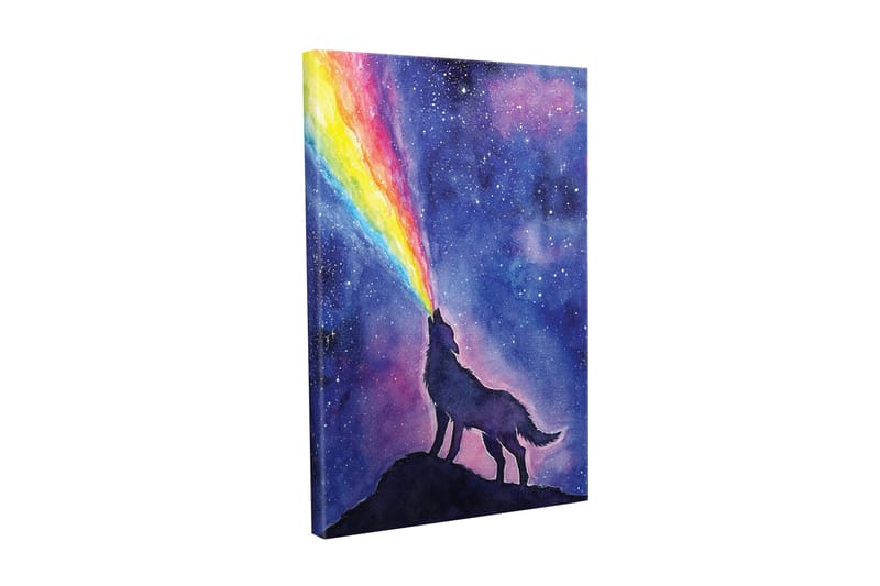 Canvas-taulu - Susi ulvoo värikästä sateenkaarta vasten yötaivaalla, Tummansininen / Violetti / Sateenkaaren värit