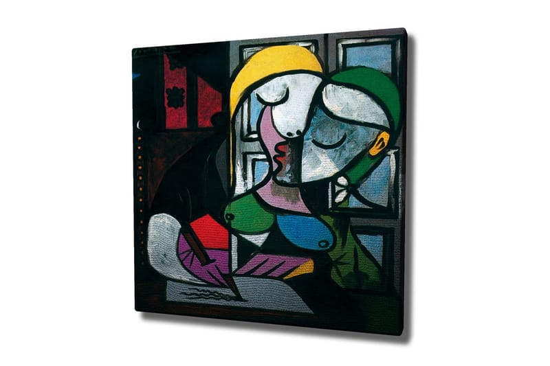 Canvas-taulu - Suuteleva pari abstraktissa tyylissä, Vihreä / Keltainen / Violetti