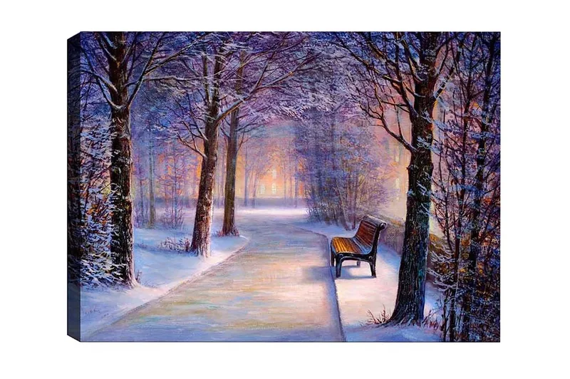 Canvas-taulu - Talvimaisema ja yksinäinen penkki lumipeitteisen tien varrella, Violetti / Valkoinen / Ruskea