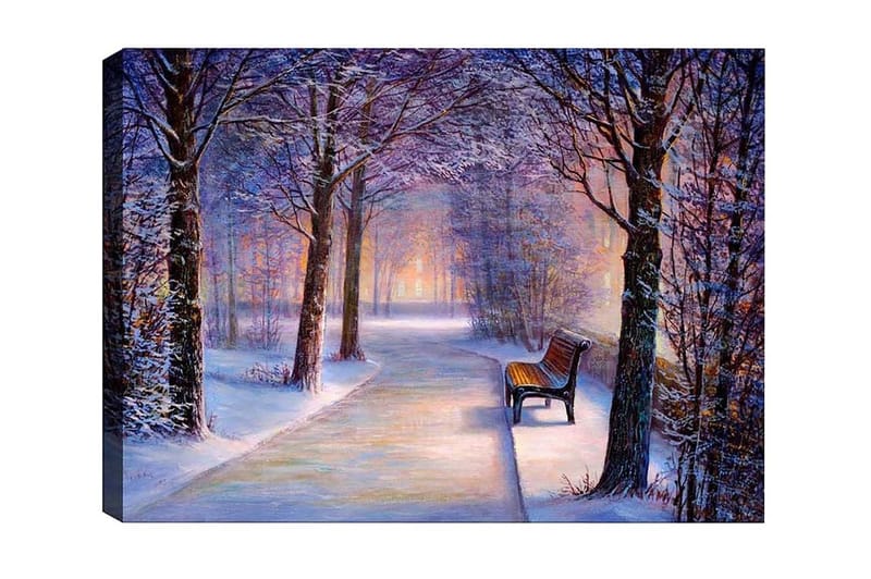 Canvas-taulu - Talvimaisema ja yksinäinen penkki lumipeitteisen tien varrella, Violetti / Valkoinen / Ruskea