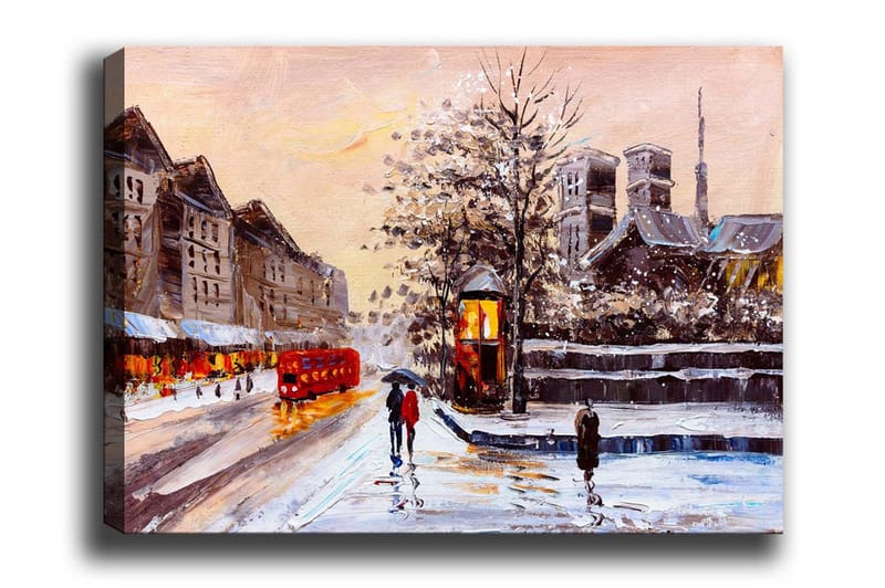 Canvas-taulu - Talvimaisema lumipeitteisillä rakennuksilla ja punaisella bussilla, Punainen / Harmaa / Valkoinen