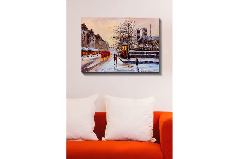 Canvas-taulu - Talvimaisema lumipeitteisillä rakennuksilla ja punaisella bussilla - Punainen / Harmaa / Valkoinen - Sisustustuotteet - Taulu & taide - Canvas-taulu
