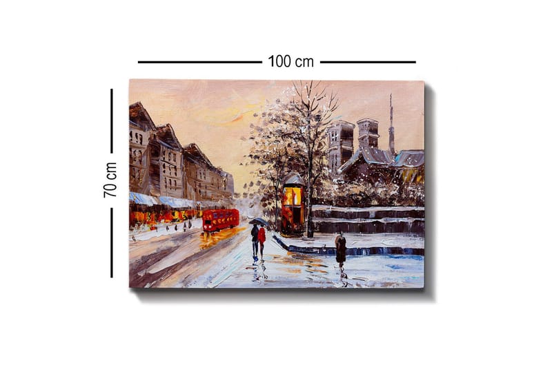 Canvas-taulu - Talvimaisema lumipeitteisillä rakennuksilla ja punaisella bussilla - Punainen / Harmaa / Valkoinen - Sisustustuotteet - Taulu & taide - Canvas-taulu