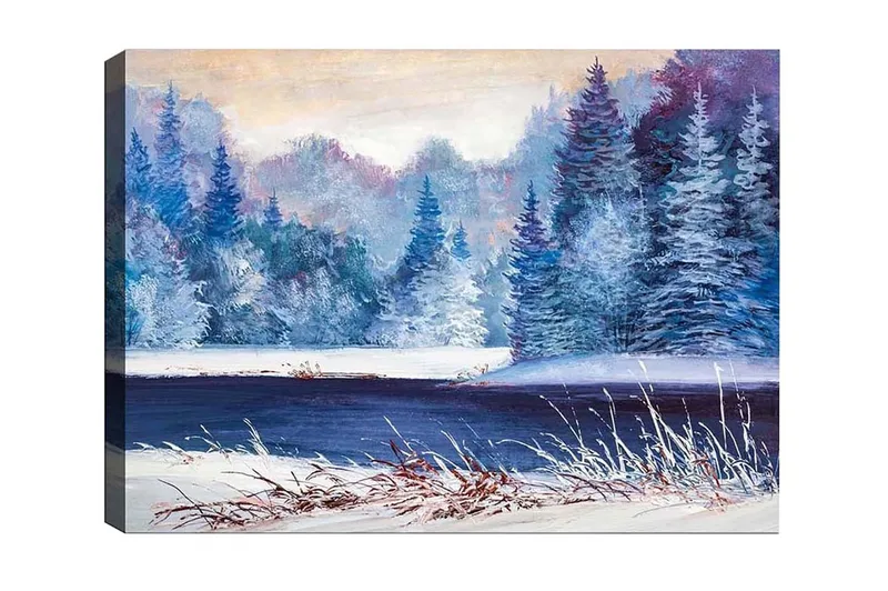 Canvas-taulu - Talvimaisema lumipeitteisillä puilla ja peilimäisellä järvellä, Sininen / Valkoinen / Tummanvihreä