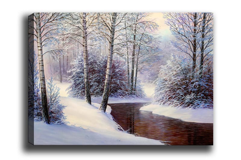 Canvas-taulu - Talvimaisema lumipeitteisillä puilla ja hiljaisella purolla, Valkoinen / Sininen / Ruskea