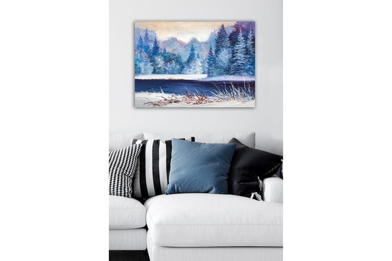Canvas-taulu - Talvimaisema lumipeitteisillä puilla ja peilimäisellä järvellä - Sininen / Valkoinen / Tummanvihreä - Sisustustuotteet - Taulu & taide - Canvas-taulu