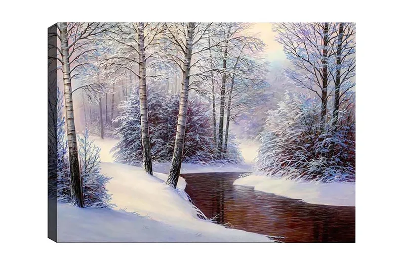 Canvas-taulu - Talvimaisema lumipeitteisillä puilla ja hiljaisella purolla - Valkoinen / Sininen / Ruskea - Sisustustuotteet - Taulu & taide - Canvas-taulu