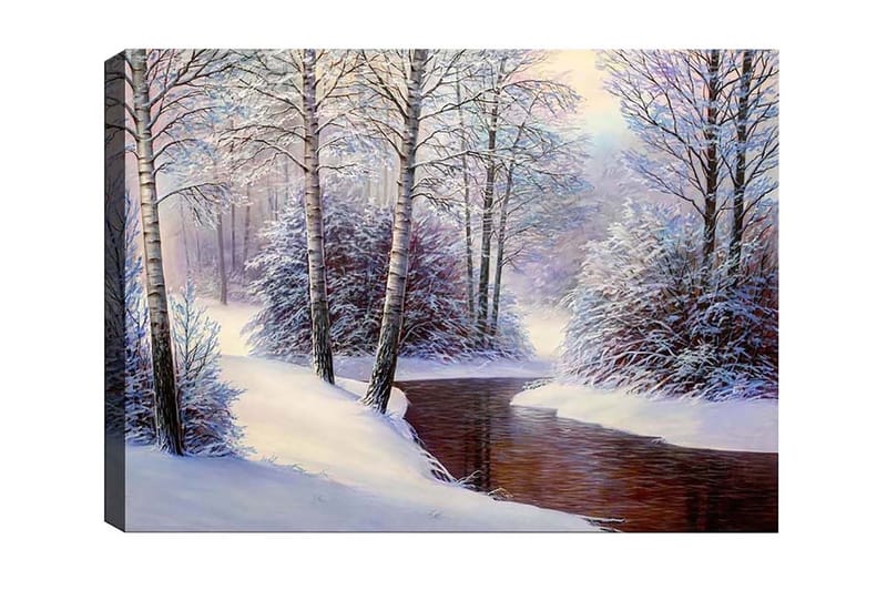 Canvas-taulu - Talvimaisema lumipeitteisillä puilla ja hiljaisella purolla, Valkoinen / Sininen / Ruskea