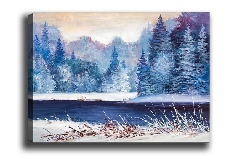 Canvas-taulu - Talvimaisema lumipeitteisillä puilla ja jäätyneellä järvellä, Sininen / Valkoinen / Violetti