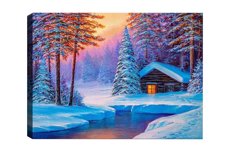 Canvas-taulu - Talvimaisema mökillä lumisten puiden ympäröimänä - Sininen / Valkoinen / Violetti - Sisustustuotteet - Taulu & taide - Canvas-taulu
