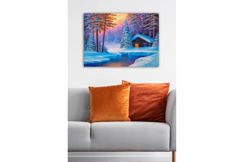 Canvas-taulu - Talvimaisema mökillä lumisten puiden ympäröimänä - Sininen / Valkoinen / Violetti - Sisustustuotteet - Taulu & taide - Canvas-taulu