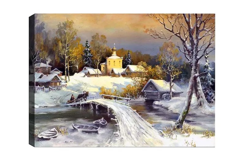 Canvas-taulu - Talvimaisema sillalla ja lumihuippuisilla taloilla, Valkoinen / Harmaa / Keltainen