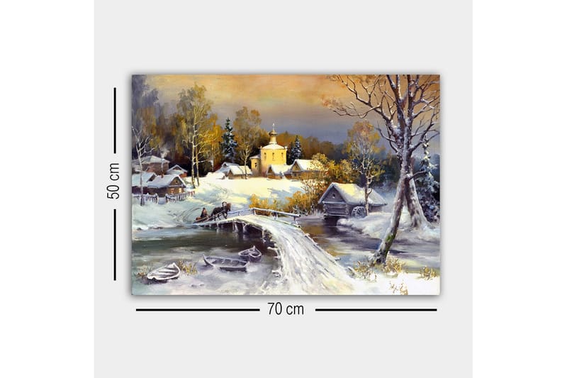 Canvas-taulu - Talvimaisema sillalla ja lumihuippuisilla taloilla - Valkoinen / Harmaa / Keltainen - Sisustustuotteet - Taulu & taide - Canvas-taulu