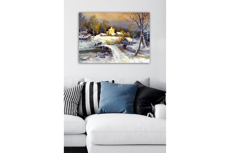 Canvas-taulu - Talvimaisema sillalla ja lumihuippuisilla taloilla - Valkoinen / Harmaa / Keltainen - Sisustustuotteet - Taulu & taide - Canvas-taulu