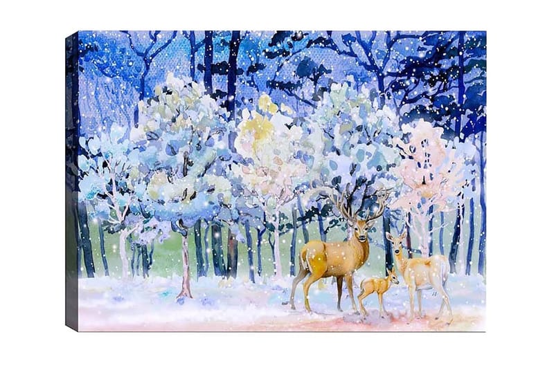 Canvas-taulu - Talvimaisema peurojen ja lumipeitteisten puiden kanssa, Sininen / Valkoinen / Beige
