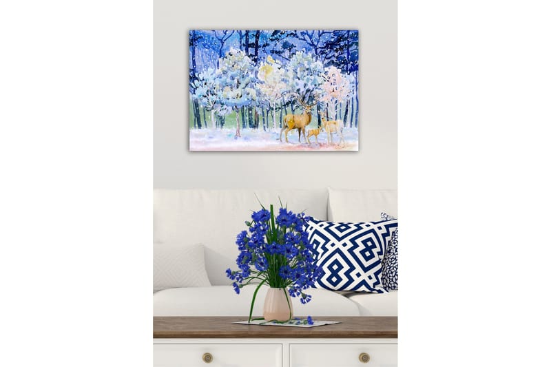 Canvas-taulu - Talvimaisema peurojen ja lumipeitteisten puiden kanssa - Sininen / Valkoinen / Beige - Sisustustuotteet - Taulu & taide - Canvas-taulu